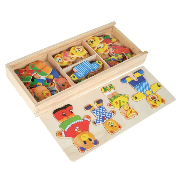 DIY Gift Little Bear Change Clothes Wooden Puzzle Set Children's Early Education Jigsaw Puzzle Dressing Game Baby Puzzle Toys four bears New