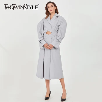 

TWOTWINSTYLE Hollow Out Trench For Women Lapel Puff Sleeve High Waist Lace Up Vintage Windbreaker Female 2020 Fall Fashion New