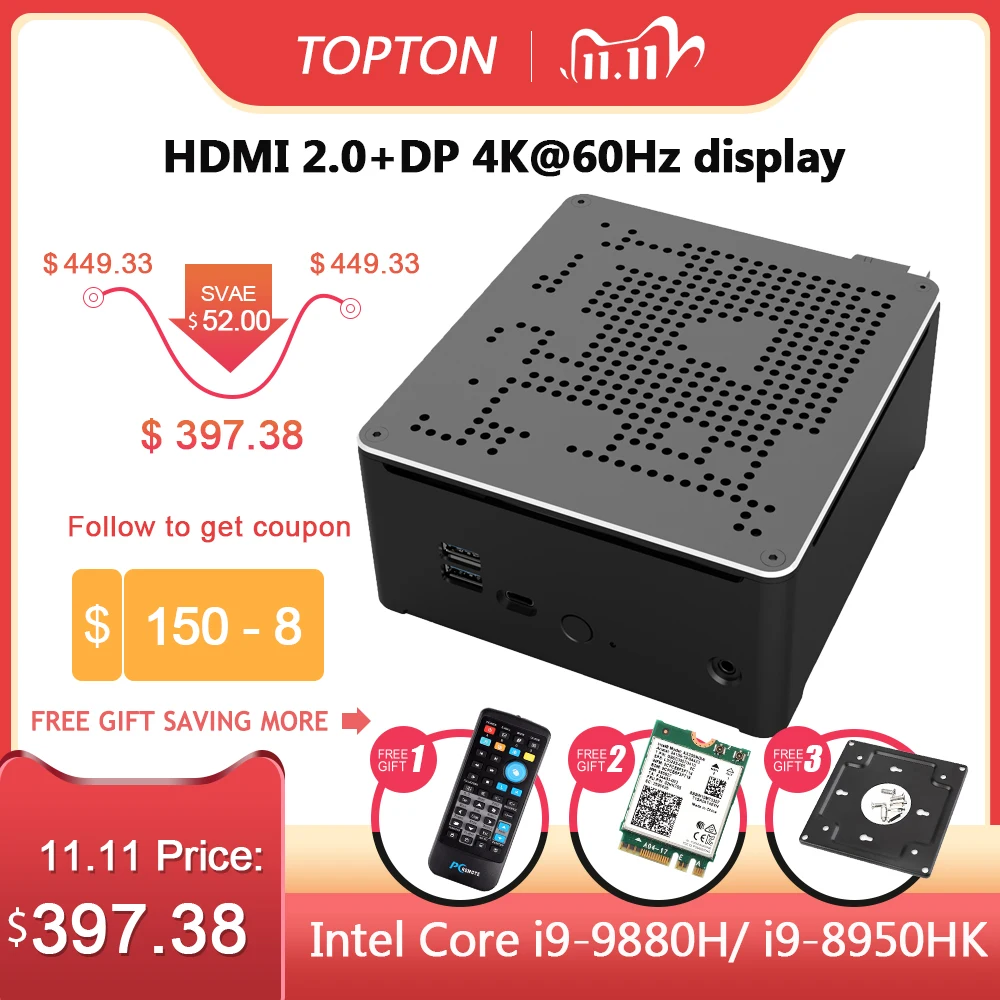 Topton 2Lan juego Mini PC Core i9 10880H i7 10750H Xeon E-2286M 2 * DDR4 M.2 NVMe Windows 10 ordenador Linux 4K HTPC HDMI DP WiFi