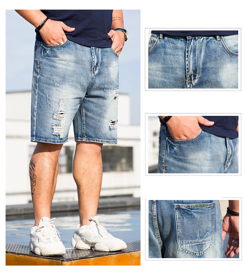 Джинсовые шорты мужские 2019 летние новые тертые с дырками старые джинсовые шорты светло-голубые большие размеры пять шорты больше размера s