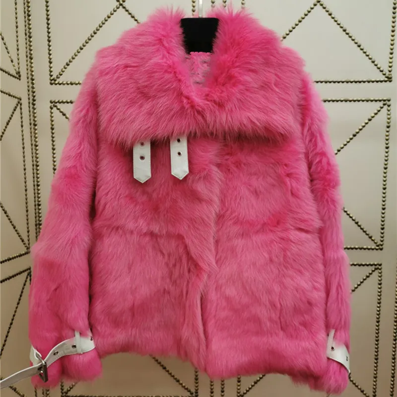 rose red Натуральное двустороннее меховое пальто для женщин, зимняя Натуральная овечья шерсть, меховая мотоциклетная куртка, подкладка из натуральной кожи - Цвет: rose red