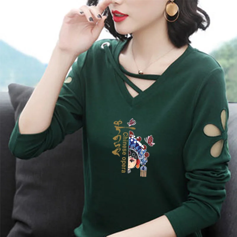 

2021 Autumn New 100% Cotton T Shirt Woman Long Sleeve Shirt Hollow Out Woman T-shirt Loose Women Shirts