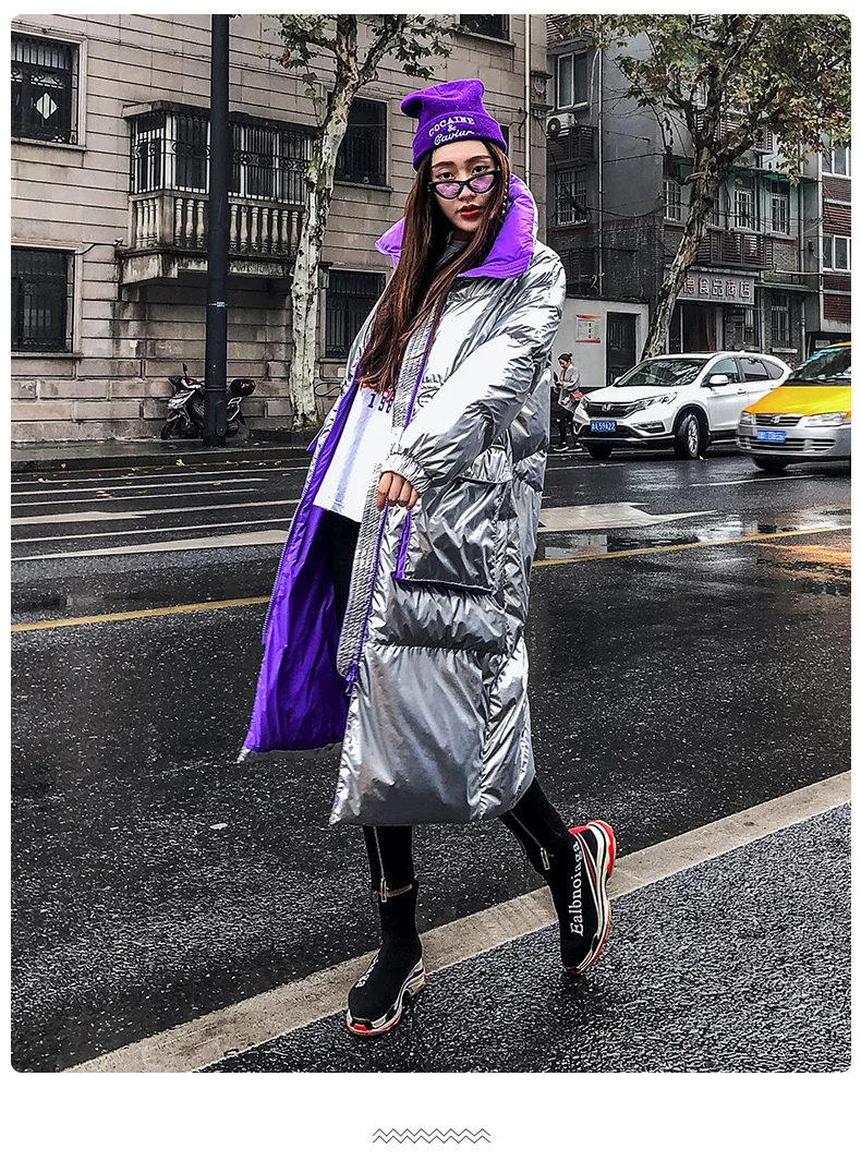 Женское зимнее черное свободное пуховое пальто Модные уличные длинные водонепроницаемые накладки ветрозащитный пуховик женская серебряная верхняя одежда YRF52