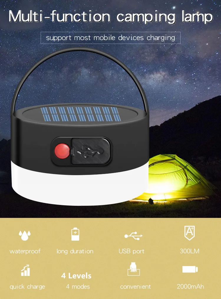 Portable Outdoor Solar Camping Lamp with USB Mobile Charging multifunction waterproof 4 levels dimming solar tent lamp with hook