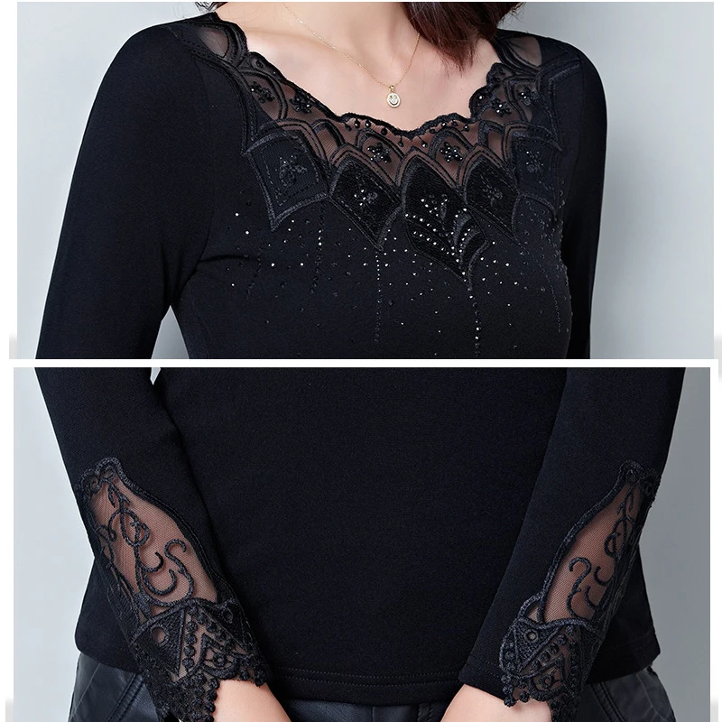 Женские топы, сорочка, Femme Blusas Femininas, блузки, женская рубашка, черная, с круглым вырезом, с длинным рукавом, кружевная Элегантная блузка размера плюс 4XL