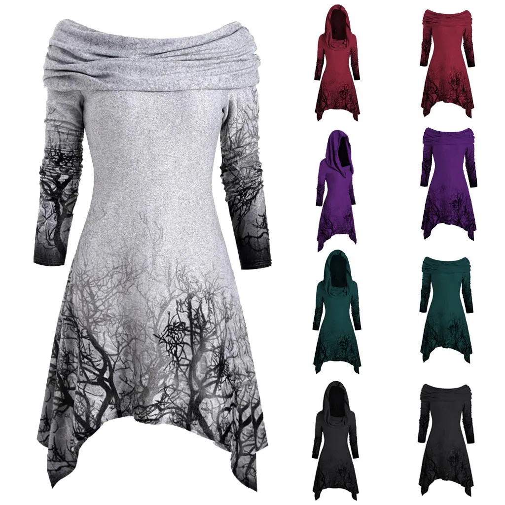 Women's Irregular Hoodies Sweatshirt Halloween Tree Print Convertible Collar Asymmetrical Knitwear Cloak Pullovers Tops Gothic