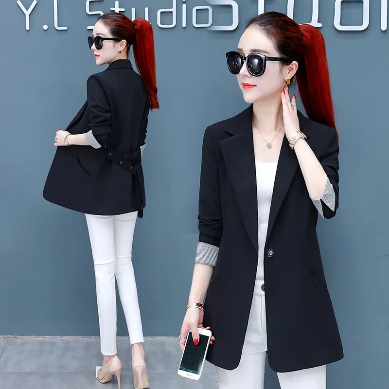 

2019 Autumn WOMEN'S Dress Korean-style Fashion Small Suit Coat Women's Mid-length One-Button Solid Color Thin Belt Tops