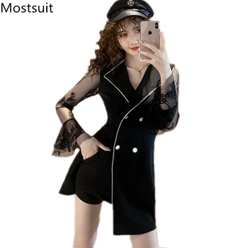 

Lace Patchwork 2 Piece Sets Outfits Women Double-breasted Long Tops And Shorts Suits Sexy Ladies Fashion Korean 2 Pcs Sets Black