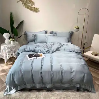 

High-end European-style 80S Lenzing Tencel double-sided solid color 4-piece bedding set embroidered silky bare sleeping bedding