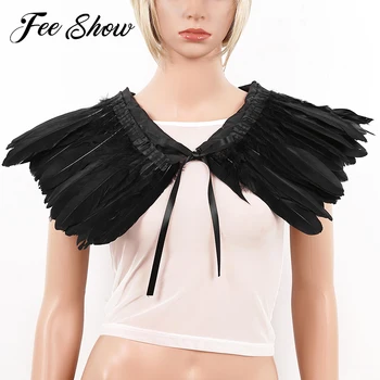 

Fashion Real Natural Feather Shrug Shawl Shoulder Wrap Cape Collar with Ribbon Ties Halloween Maleficent Costume Accessories