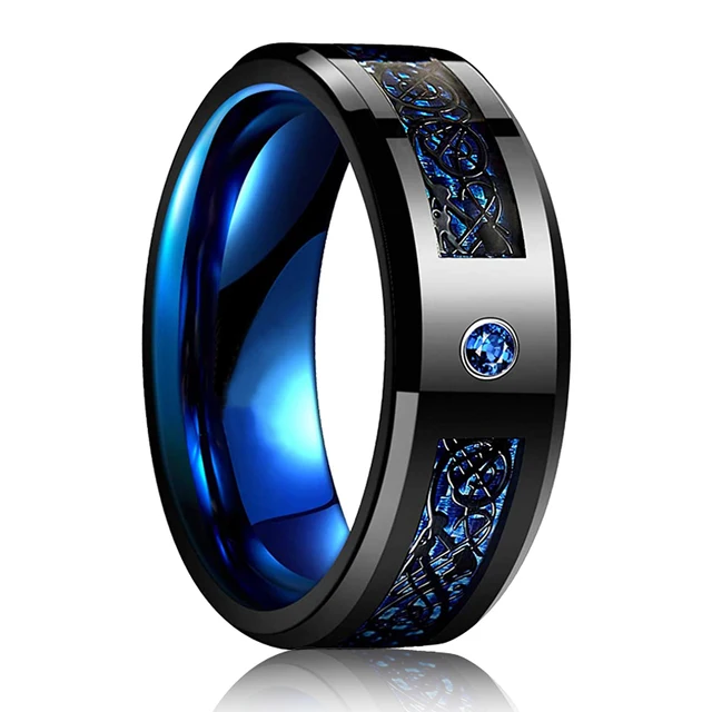 FDLK   8 Colors 8mm Men's Stainless Steel Dragon Ring Inlay Red Green Black Carbon Fiber Ring Wedding Band Jewelry Size 6-13 A Blue