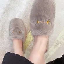 Autumn 2021 New Style Baotou Half Slippers Women Wear Fashion Flat Bottom Mink Fur Shoes Mnller Fur Lazy Slippers