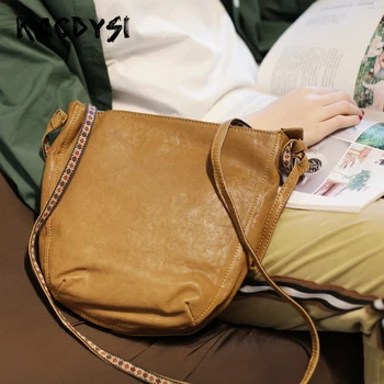 

Real Sheepskin Soft Vintage Women Shoulder Bag Literary Sweet Girls Small Bucket Bags Simple Casual Crossbody Messenger Bag New