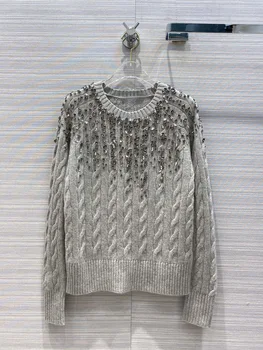 

High-end Design 100% Cashmere Sweater Shirt Luxury Brand 2020 Autumn Women Fashion Wild Rhinestone Decoration Twist Sweater Tops
