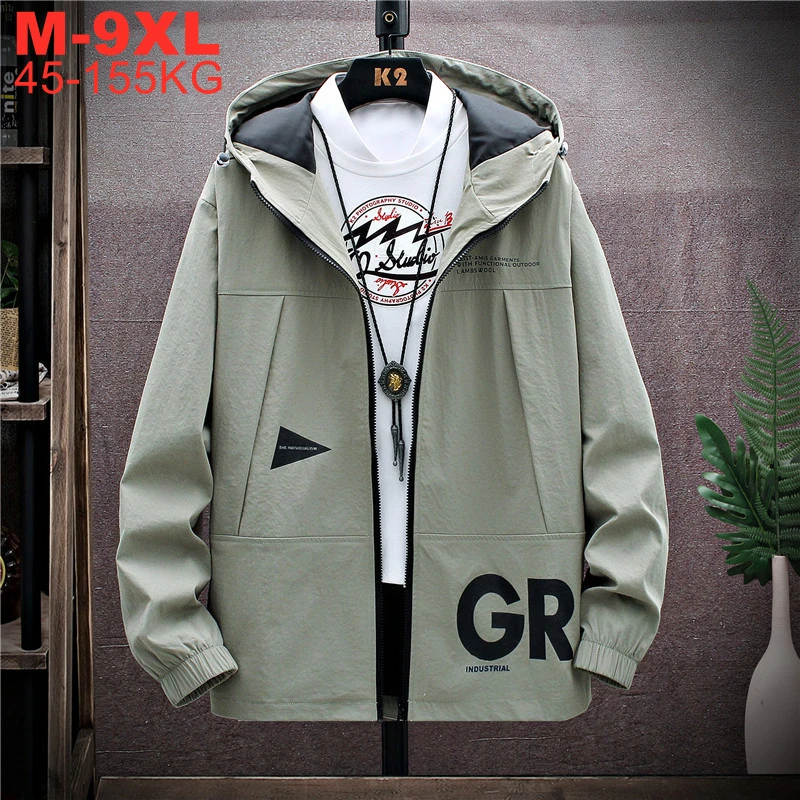 Chaquetas cortavientos de vientre grande para hombre, abrigos de tendencia de moda, ropa de calle de Hip-Hop con capucha, talla grande 7xl, 8xl, 9xl, otoño y primavera