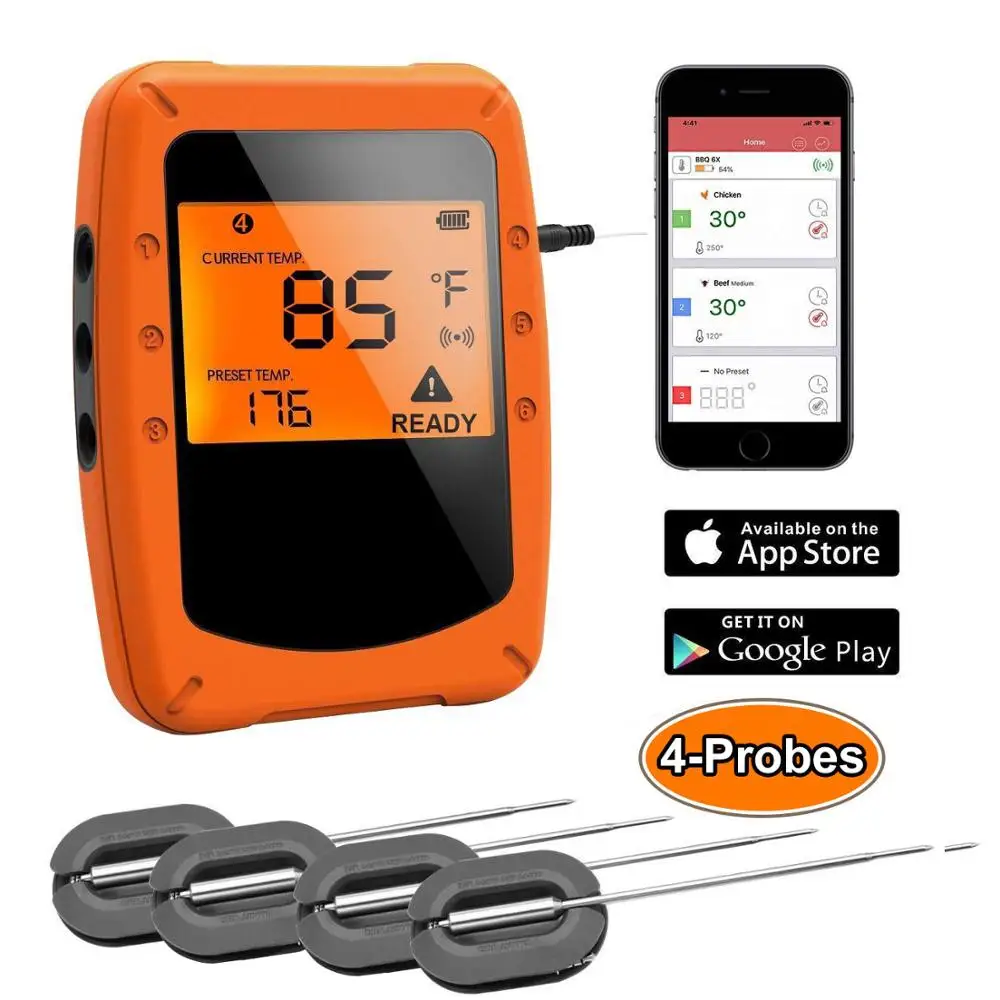 

Bluetooth Wireless Remote Digital Smart Smoker Thermometer For BBQ Grill Barbecue Meat Food Cooking Double Stainless Probes