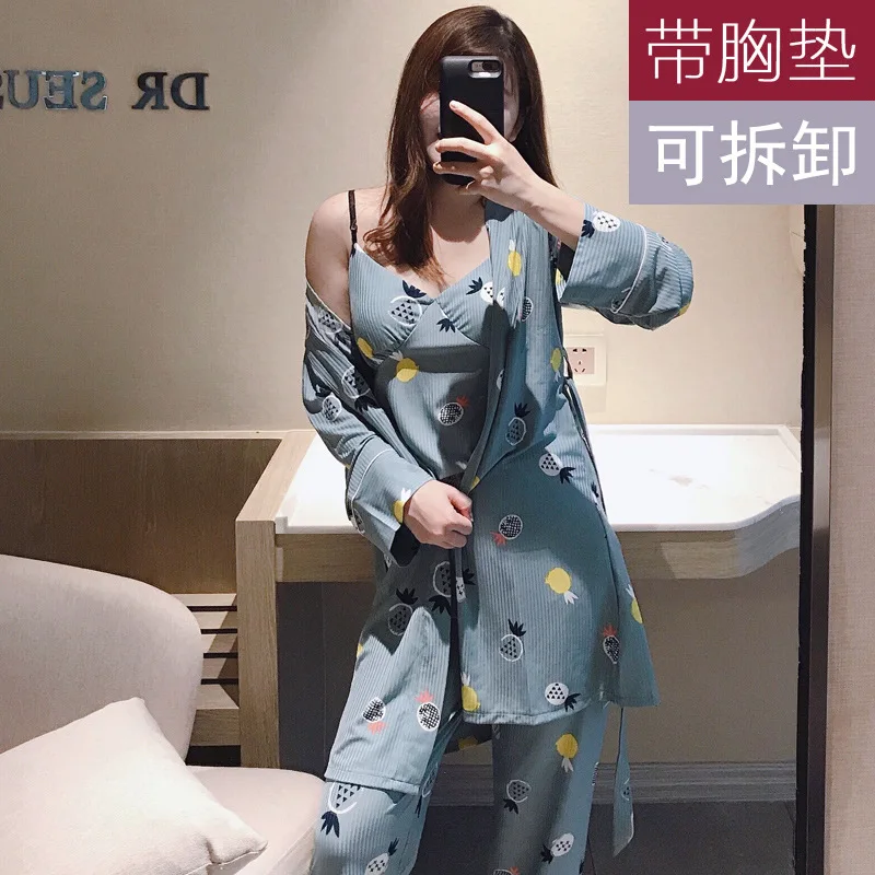 

CH-Small Pineapple Three-piece Set Long Sleeve Camisole Sweet Pajamas Homewear Set Series