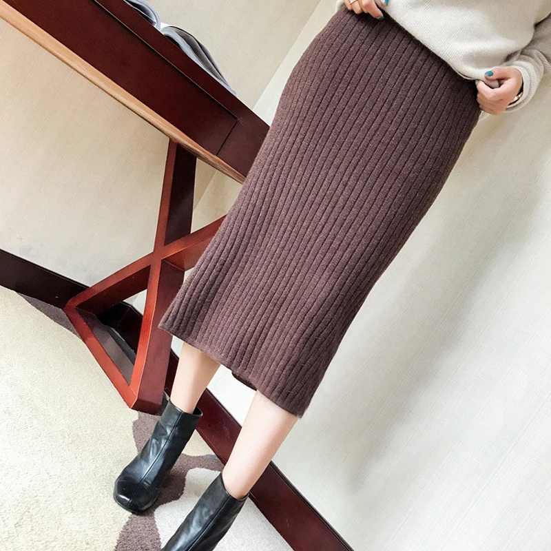 

OUMENGKA Women Back Slit Bodycon Elegant Knee-length Pencil Skirt Autumn Winter Casual Knitted Skirt High Waist Elasticity Skirt