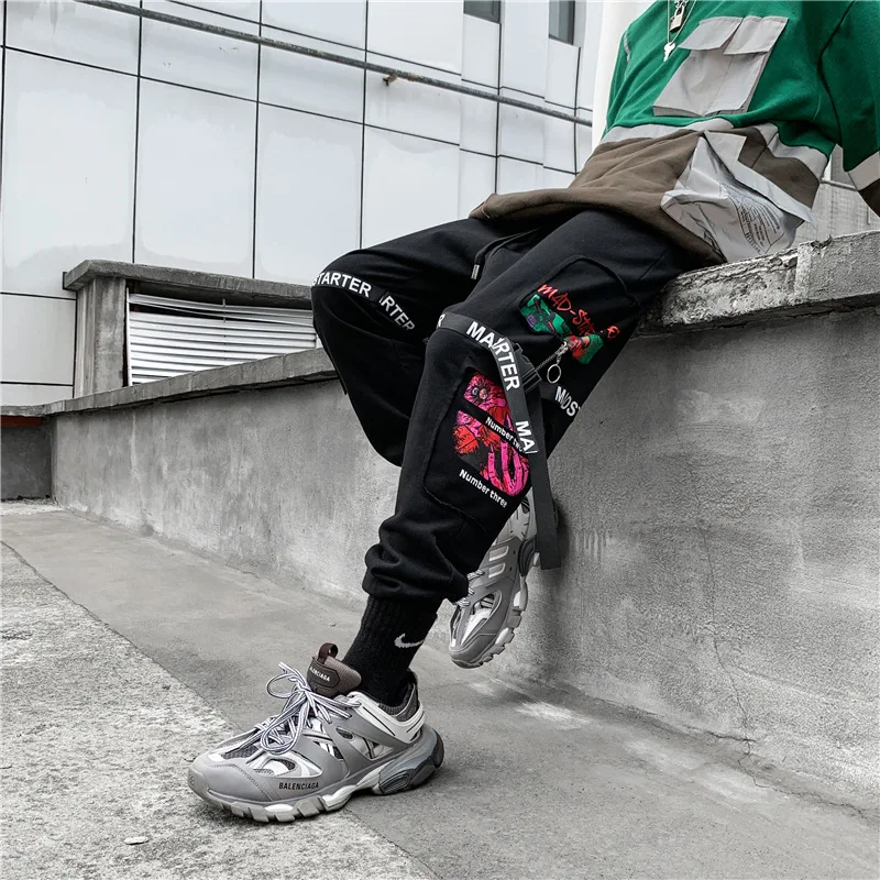 Ribbons Harem Sweat Pants Joggers Men Hip Hop Track Pants Male Fashion Streetwear Dancing Trousers Sweatpant Black WG682