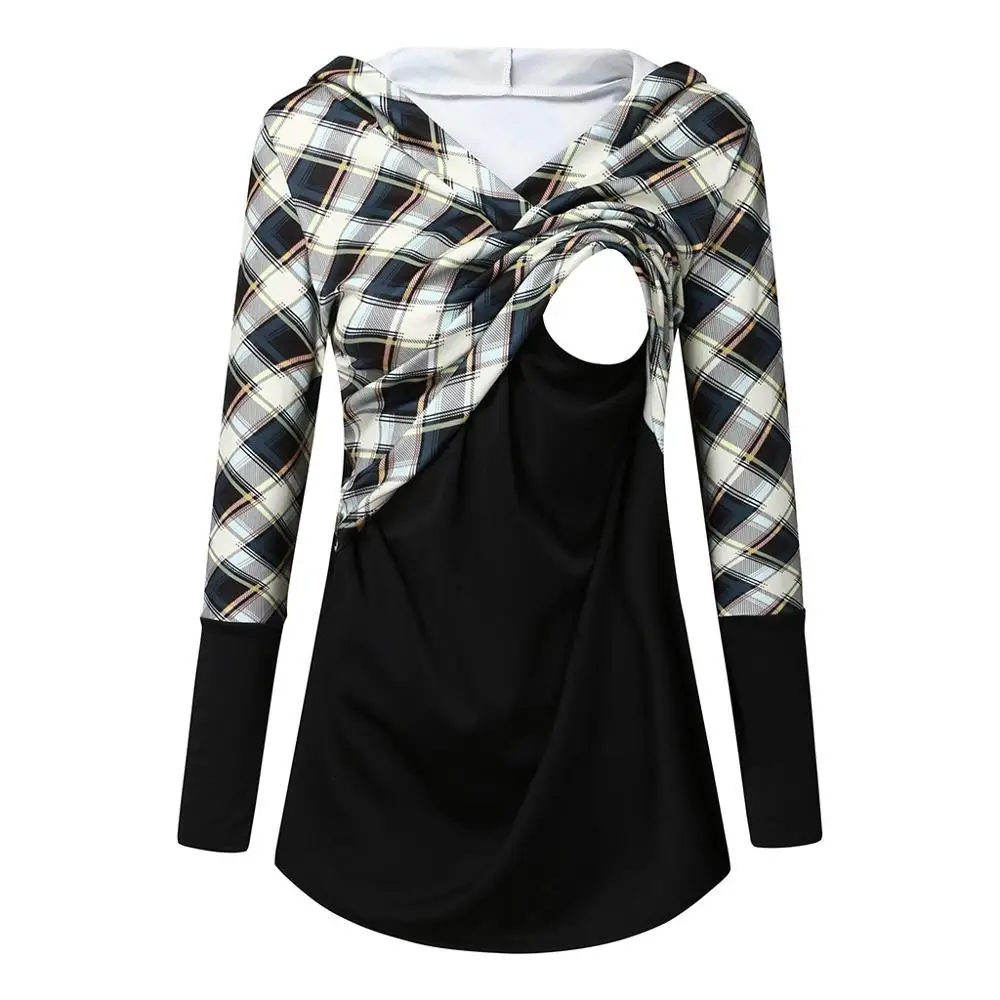Maternity Spring Autumn Feeding Suit Women Maternity Suit Long Sleeves Plaid Nursing Sleepwear Breastfeeding Clothes@A