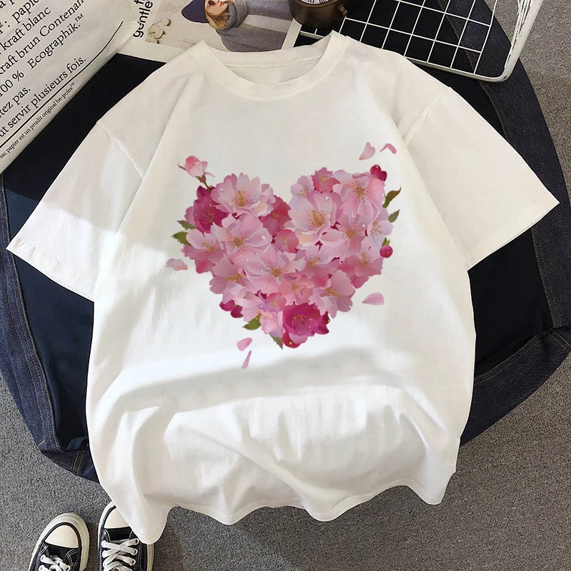 

2020 Summer Women T-shirt Heart Love Shape Printed Tshirts Casual Tops Tee Harajuku 90s Vintage White tshirt Female Clothing