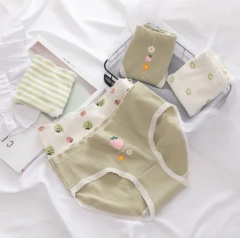 

Green Panties For Women Cotton Briefs Elastic Cozy Lingerie Cute Female Underwear Strawberry Comfortable Briefs NK90