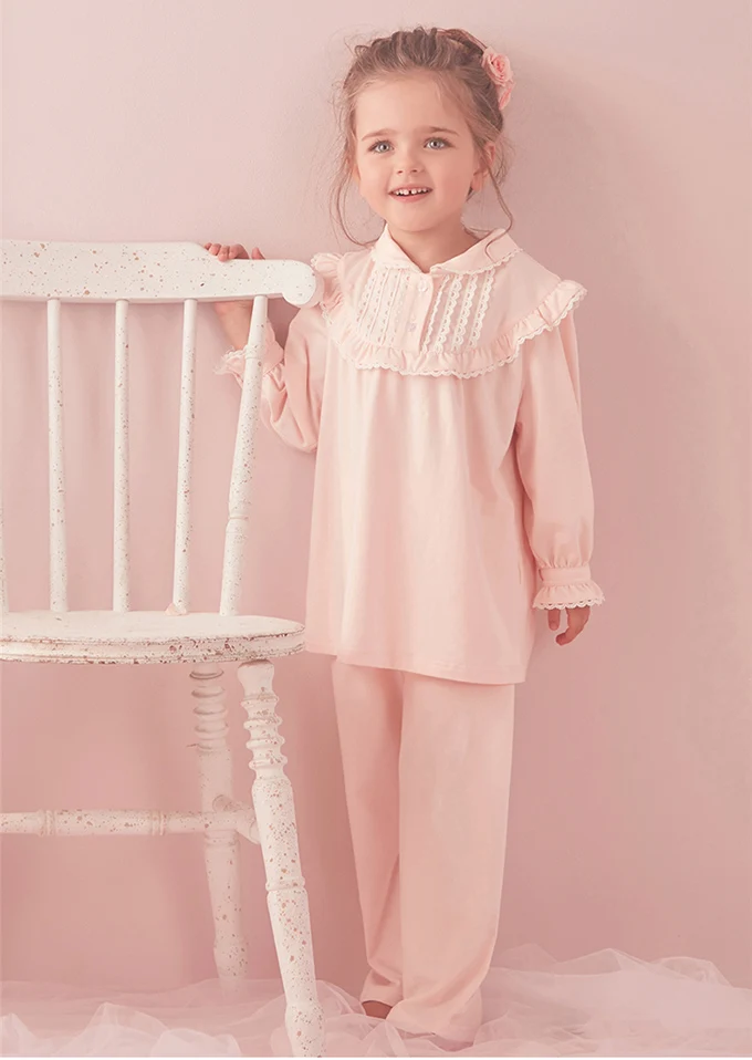 Kids Pajamas Set Children Girl Lolita Vintage Toddler Royal Style Sleep Loungewear Turndown Collar Tops Pants