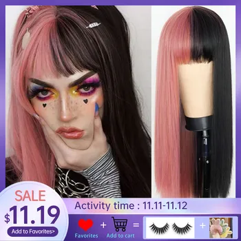 

Pink and Black Wig Long Straight hair Cosplay Wig Two Tone Ombre Color Women Synthetic Hair Wigs