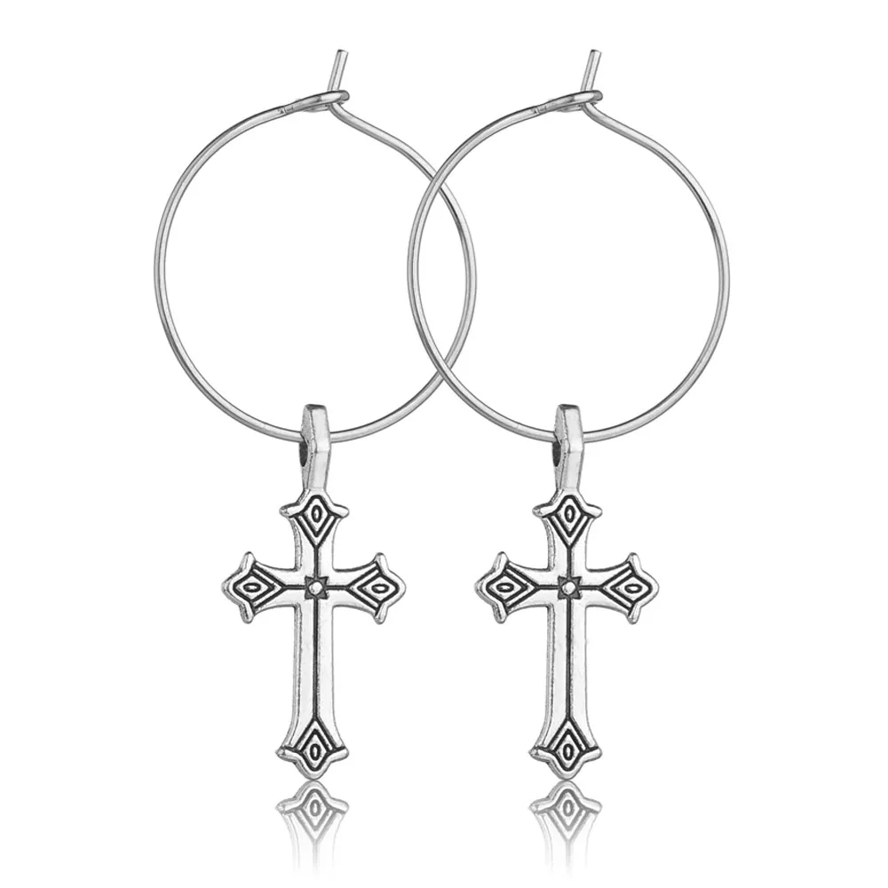 White Gold Женские сережки с крестиком, сережки с серебряным узором, серьги в стиле панк, подвеска в виде креста, хряща, висячие серьги, пирсинг хряща уха, ювелирные изделия - Окраска металла: White Gold