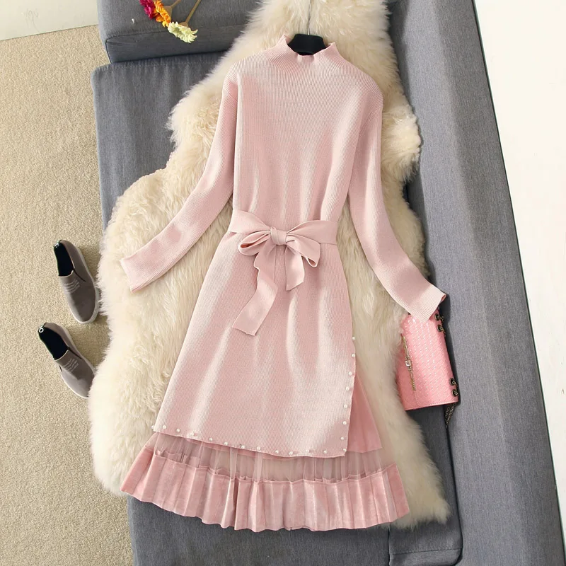 

2019 Autumn Winter Dress Suit Women Elegant Beading Long Sleeve Knit Bodycon Mid-Calf Long Sweater Dress Set Casual Spring
