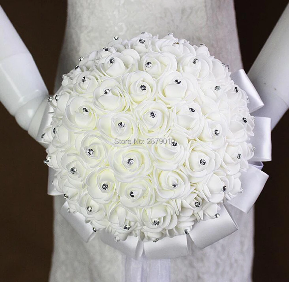 Cheap Realistic Wedding Bride Bouquet Hand Tied Flower Decoration Holiday Party Supplies European White Rose Flowers |