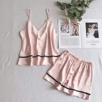 

2PCS Sleep Set Casual Lady Pajamas Suit Sleepwear Sexy Strap Top&Shorts Satin Homewear Intimate Lingerie Silky Pijamas Nightwear
