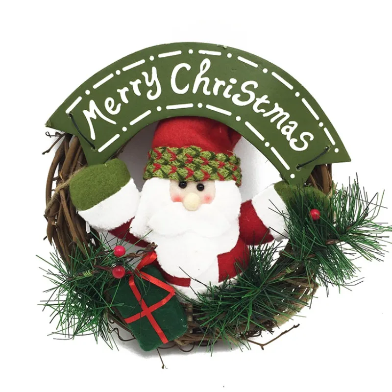 

9-Inch Handmade Christmas Decorative Garland Rattan Wreath Xmas Tree Door Hanging Ornaments Window Props with Santa Claus