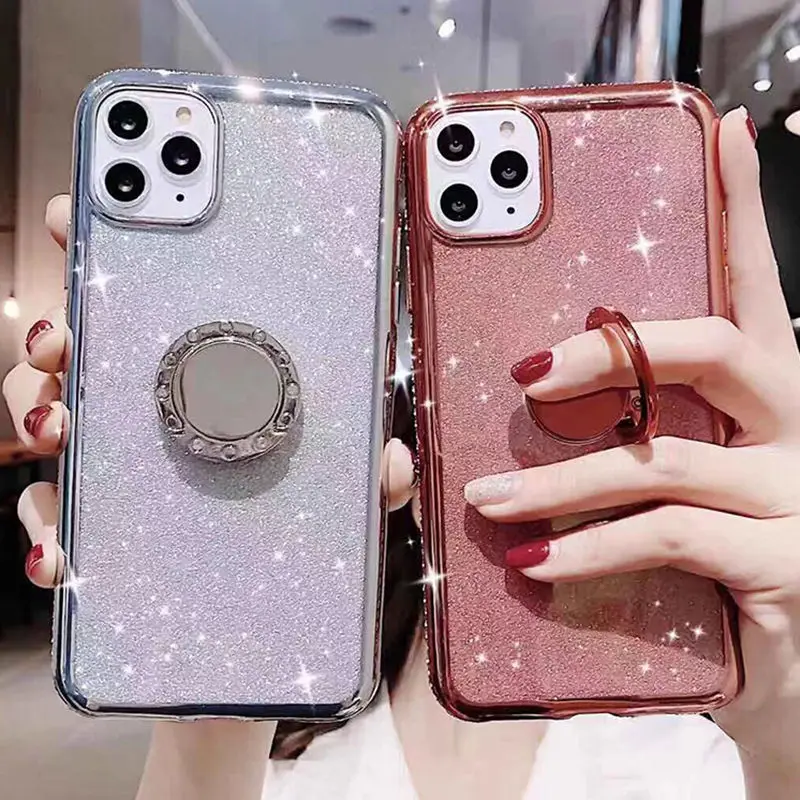 Shining Glitter Diamond Ring Phone Case For iPhone 13 11 12 Pro Max XR X XS Max 8 7 Plus Soft Magnetic Finger Holder Back Cover