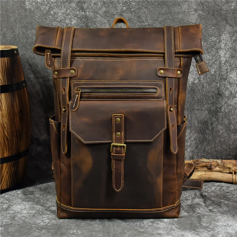 

Luufan Men's Leather Backpack Large Genuine Leather Rucksack For Men Travel Rucksack Retro 100% Crazy Horse Leather School Bag