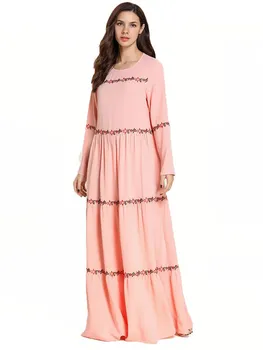 

High Quality Women O-neck Long Sleeves Embroidered Dress Pleated Casual Loose Maxi Dress Pink Dropshipping 2019 Muslim Dress