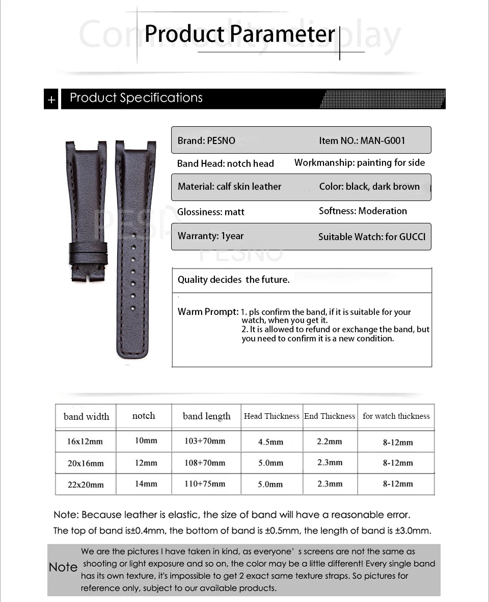 Pesno верхний слой-группа смотреть кожи чёрный; коричневый темно-brown14mm 16 мм Натуральная кожа ремешок подходит для GUCCI переплетенных