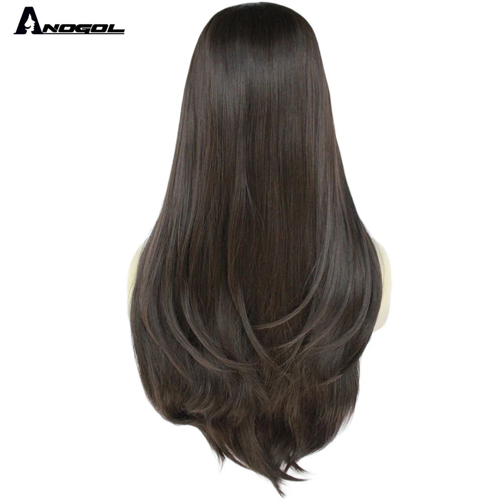 Anogol темно коричневый синтетические кружевные передние парики Длинный