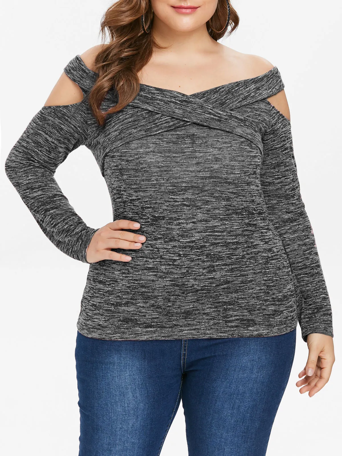 Plus Size Cutout Marled Long Sleeve T-shirt