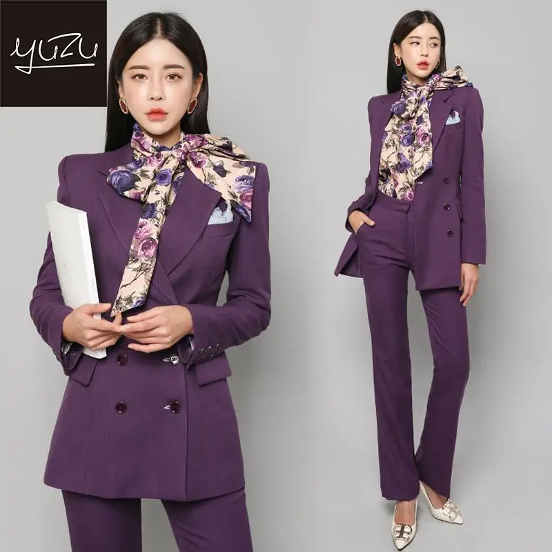 Blazer Set Purple Pant Suits For Women Winter High Quality Double Breasted Office Business Suits Ladies High Waist Pants