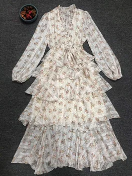 

Top Quality New 2020 Spring Summer Dress Women V-Neck Elegant Little Floral Print Long Sleeve Cascading Ruffle Dress Beautiful