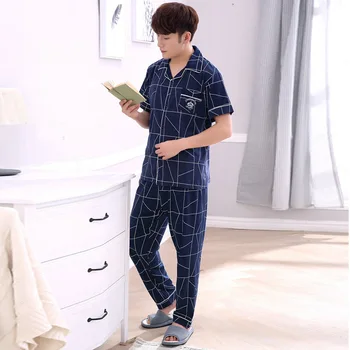 

Short-sleeved Button Cardigan Trousers Men Pajamas Set Summer Cotton Pijamas Enteros Hombre Printing Simple Homewear Pyjama Man