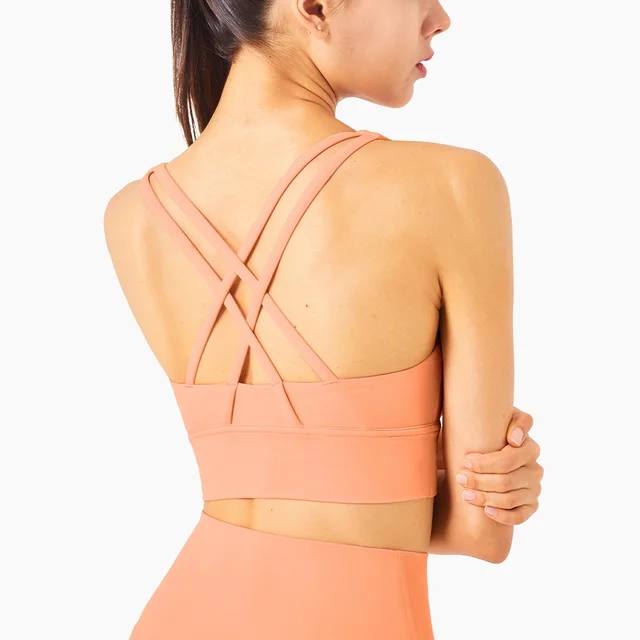 Lulu Hot Sell Gym Yoga Vest Athletic Fitness Women Sports Bra Solid Color Cross Sexy Tights Tank Top Butter Soft With Chest Pad Malibu Peach