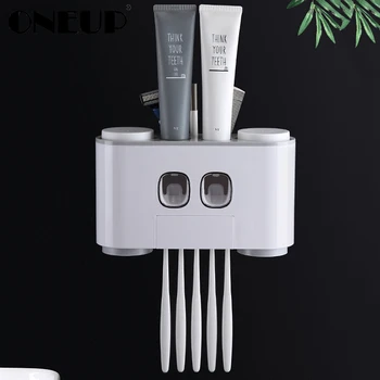 

Automatic Toothpaste Dispenser Dust-proof Toothbrush Holder With Cups No Nail Wall Stand Shelf Bathroom Accessories Sets