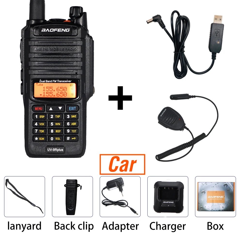 Baofeng UV-9R plus Walkie Talkie IP67 Водонепроницаемый главный динамик CB радио FM приемопередатчик UHF/VHF радио 10 Вт 4800 мАч uv 9r plus - Цвет: Box add car mic