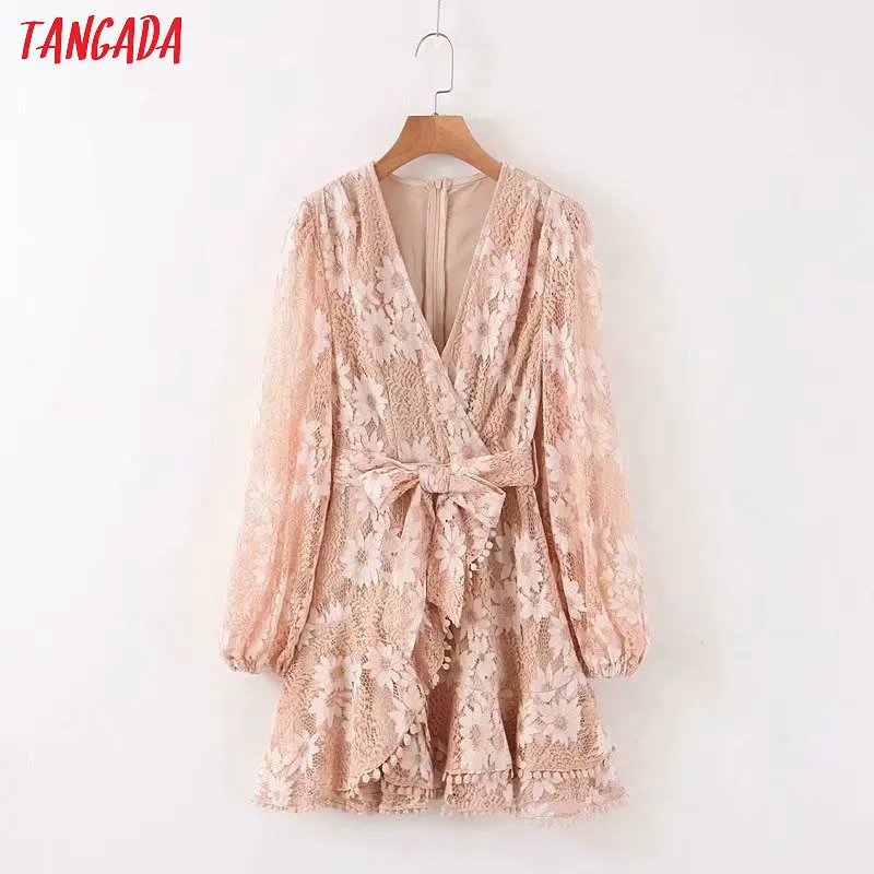 

Tangada fashion women floral embroidery mini dress puff long sleeve ladies vintage short dress with slash JNA01