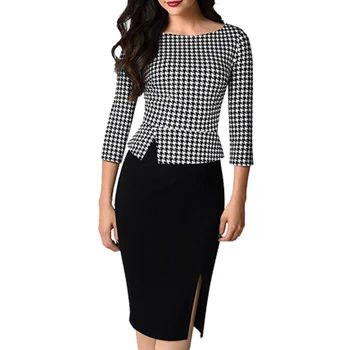 

Vintage Women Classic Houndstooth Autumn pencil dress Side slit Sexy Office Lady dress EB562