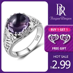 Bague Ringen Винтаж 100% стерлингового серебра 925 пробы круглый натуральный аметист обручальные кольца для женщин ювелирные украшения Размер 6-10