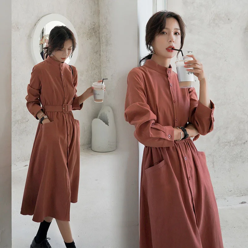 

Photo Shoot 2019 Autumn New Style Korean-style Loose Brick Red Mid-length Casual Large Size Large Pocket Dress Women's