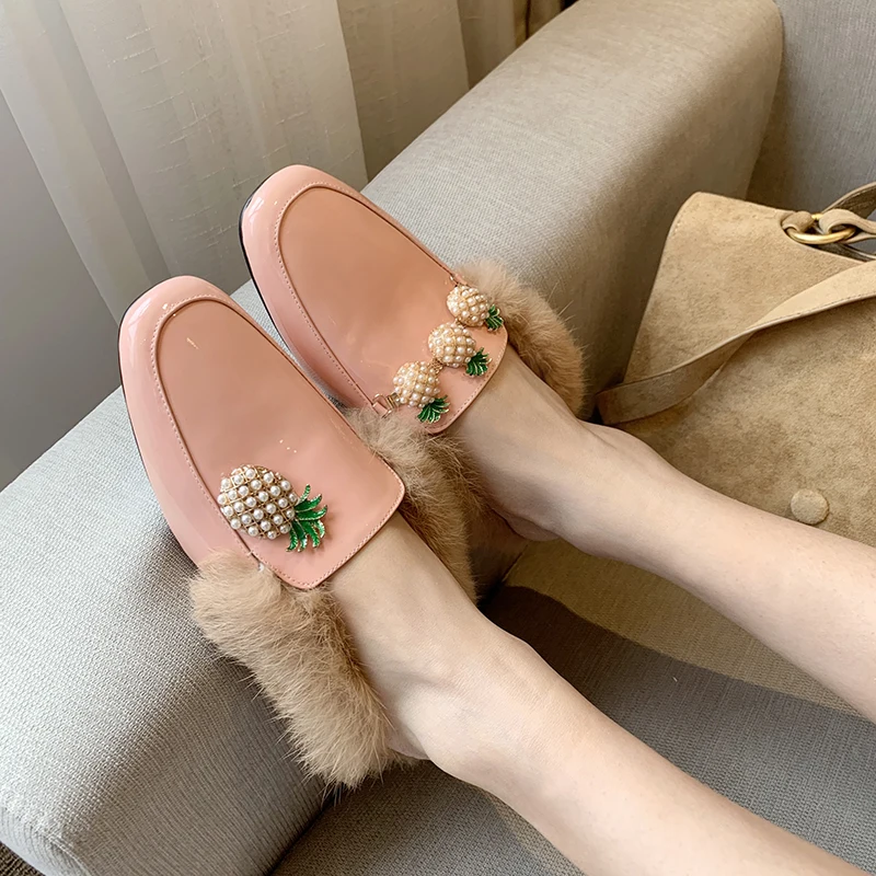 Womens Real Rabbit Fur Backless Pineapple Pearls Leather Slipper Mule Slide Princetown Shoes Square Toe Mules Warm